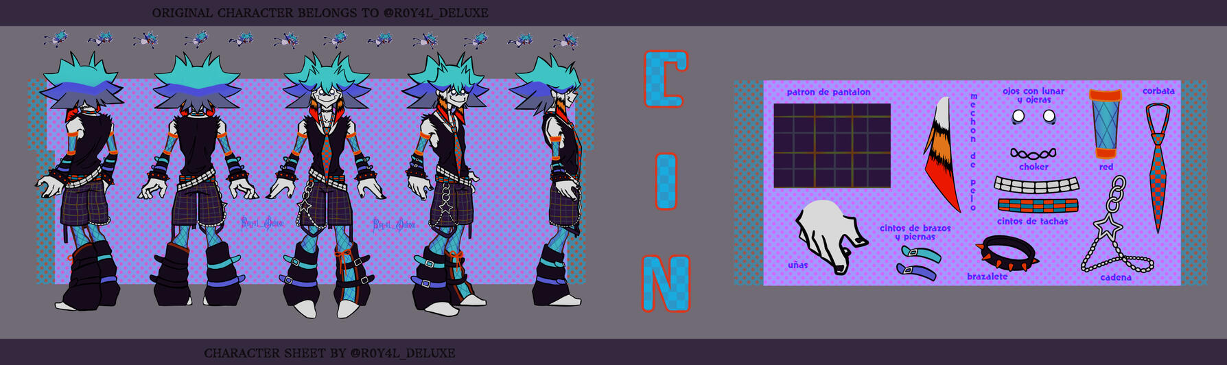 full rotation of the character, full of sketches con the side, name in the middle